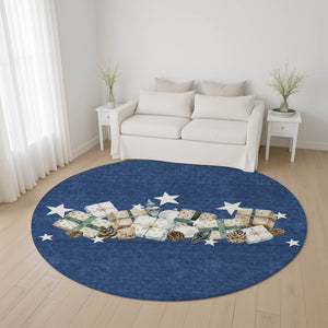 HomeRoots 8' Navy Blue Geometric Washable Round Rug with UV Protection – Stylish, Durable, Easy Care for Any Space 702368