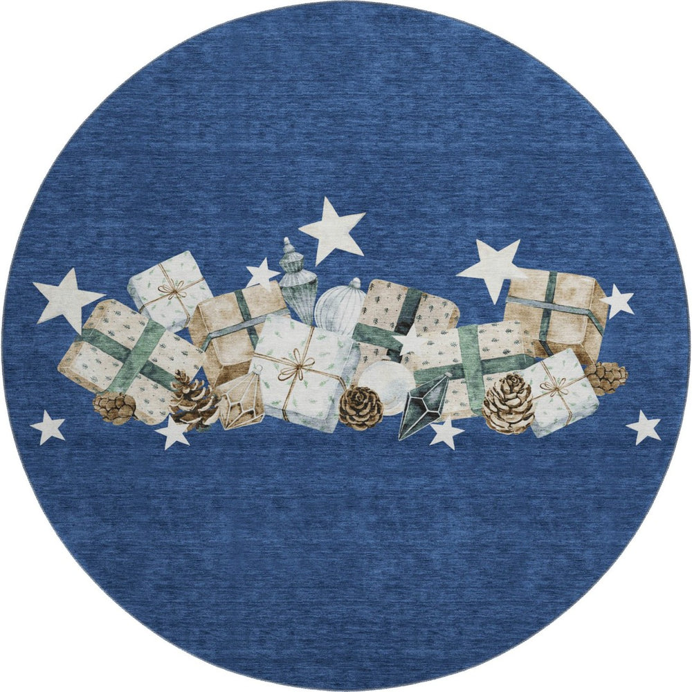 HomeRoots 8' Navy Blue Geometric Washable Round Rug with UV Protection – Stylish, Durable, Easy Care for Any Space 702368