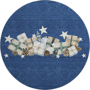 HomeRoots 8' Navy Blue Geometric Washable Round Rug with UV Protection – Stylish, Durable, Easy Care for Any Space 702368