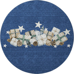 HomeRoots 8' Navy Blue Geometric Washable Round Rug with UV Protection – Stylish, Durable, Easy Care for Any Space 702368