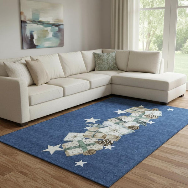 HomeRoots 8' X 10' Stylish Navy Blue Beige Ivory Geometric Area Rug - Washable, UV Protected for High-Traffic Homes 702369