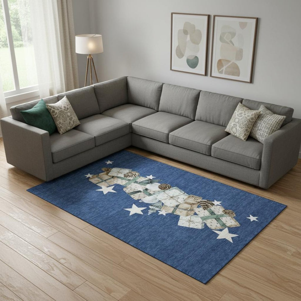HomeRoots 9' X 12' Stylish Navy Blue Beige Ivory Geometric Area Rug - Washable, UV Protected & Pet Friendly! 702370