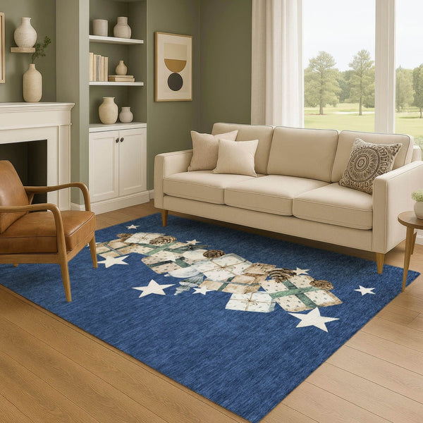 HomeRoots 9' X 12' Stylish Navy Blue Beige Ivory Geometric Area Rug - Washable, UV Protected & Pet Friendly! 702370