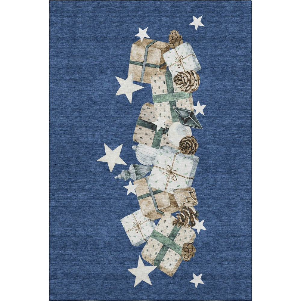 HomeRoots 9' X 12' Stylish Navy Blue Beige Ivory Geometric Area Rug - Washable, UV Protected & Pet Friendly! 702370