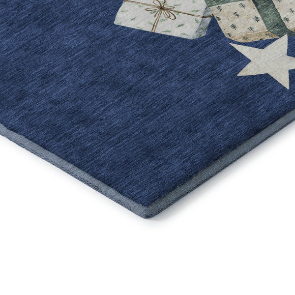 HomeRoots 9' X 12' Stylish Navy Blue Beige Ivory Geometric Area Rug - Washable, UV Protected & Pet Friendly! 702370