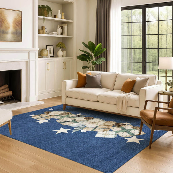 HomeRoots 9' X 12' Stylish Navy Blue Beige Ivory Geometric Area Rug - Washable, UV Protected & Pet Friendly! 702370