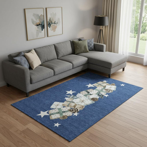 HomeRoots 10' X 14' Navy Blue Beige Ivory Geometric Area Rug - Durable, Washable, UV Protected & Stylish Design 702371