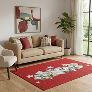 HomeRoots 5' X 8' Geometric Washable Area Rug in Red, Beige & Ivory – UV Protected, Durable & Stylish Decor 702373