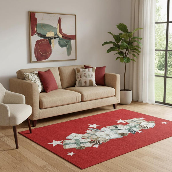 HomeRoots 5' X 8' Geometric Washable Area Rug in Red, Beige & Ivory – UV Protected, Durable & Stylish Decor 702373