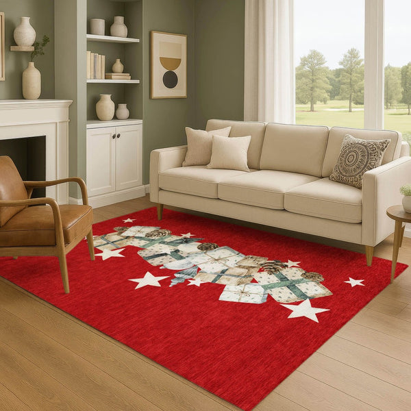 HomeRoots 5' X 8' Geometric Washable Area Rug in Red, Beige & Ivory – UV Protected, Durable & Stylish Decor 702373