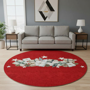 HomeRoots 8' Geometric Round Rug in Red, Beige & Ivory – Washable, UV-Protected for Stylish & Durable Living Spaces 702374