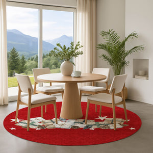 HomeRoots 8' Geometric Round Rug in Red, Beige & Ivory – Washable, UV-Protected for Stylish & Durable Living Spaces 702374