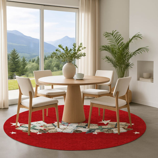 HomeRoots 8' Geometric Round Rug in Red, Beige & Ivory – Washable, UV-Protected for Stylish & Durable Living Spaces 702374