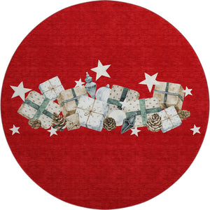 HomeRoots 8' Geometric Round Rug in Red, Beige & Ivory – Washable, UV-Protected for Stylish & Durable Living Spaces 702374