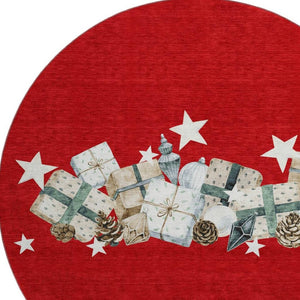 HomeRoots 8' Geometric Round Rug in Red, Beige & Ivory – Washable, UV-Protected for Stylish & Durable Living Spaces 702374