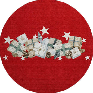 HomeRoots 8' Geometric Round Rug in Red, Beige & Ivory – Washable, UV-Protected for Stylish & Durable Living Spaces 702374