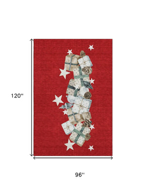 HomeRoots 8' X 10' Vibrant Red Beige Ivory Geometric Area Rug - Washable, UV Protected, Kid & Pet Friendly! 702375