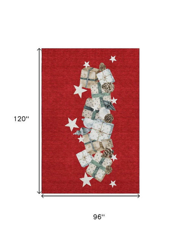 HomeRoots 8' X 10' Vibrant Red Beige Ivory Geometric Area Rug - Washable, UV Protected, Kid & Pet Friendly! 702375