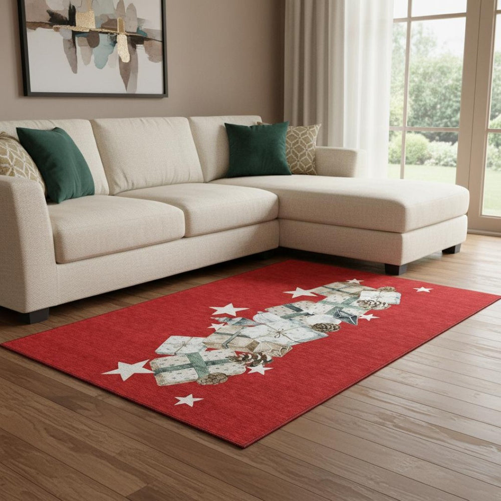 HomeRoots 8' X 10' Vibrant Red Beige Ivory Geometric Area Rug - Washable, UV Protected, Kid & Pet Friendly! 702375