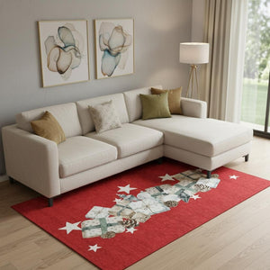HomeRoots 9' X 12' Washable Geometric Area Rug in Red, Beige & Ivory - UV Protected, Stain Resistant & Stylish 702376