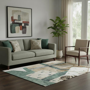 HomeRoots 5' X 8' Modern Geometric Pale Aqua Beige Gray Area Rug - Washable, Stain-Resistant, UV Protected! 702379