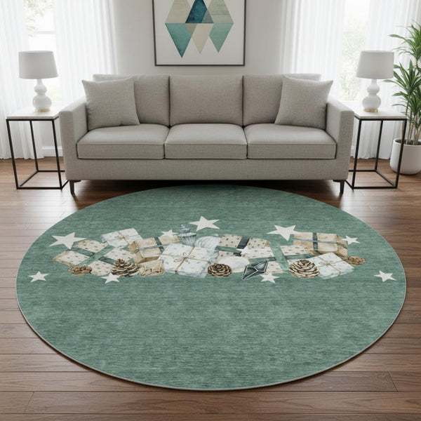 HomeRoots 8' Pale Aqua, Beige & Gray Geometric Round Rug – Washable, UV-Protected, Stain-Resistant Style! 702380