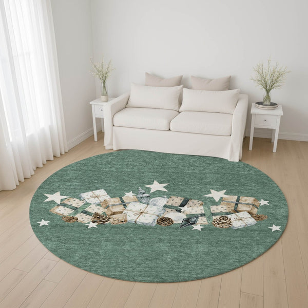 HomeRoots 8' Pale Aqua, Beige & Gray Geometric Round Rug – Washable, UV-Protected, Stain-Resistant Style! 702380