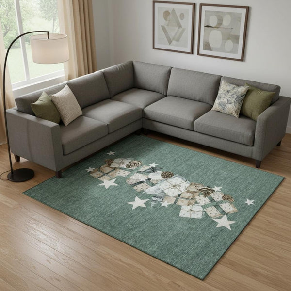 HomeRoots 9' X 12' Geometric Area Rug in Pale Aqua, Beige & Gray - Washable, UV-Protected, Durable Design 702382