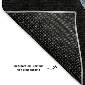 HomeRoots 8' Stylish Geometric Washable Round Rug in Black, Blue, and Brown with UV Protection & Durability 702392