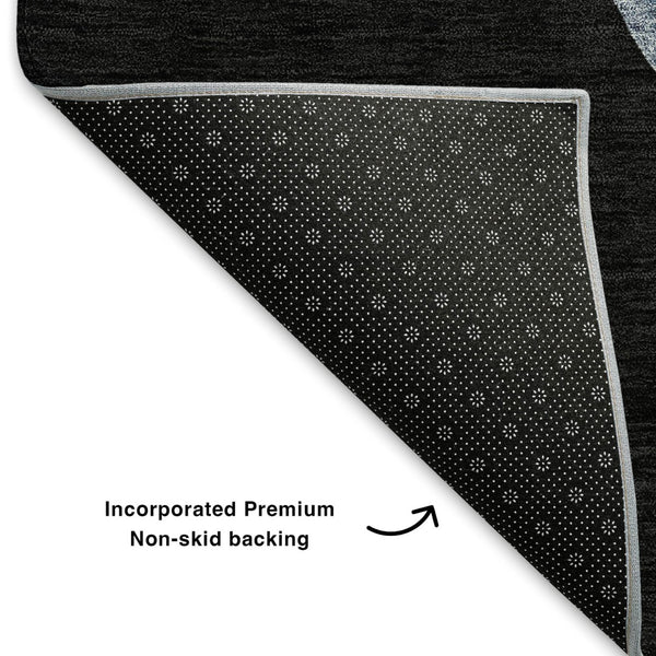 HomeRoots 8' Stylish Geometric Washable Round Rug in Black, Blue, and Brown with UV Protection & Durability 702392