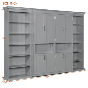 English Elm Full-size Murphy Wall Bed with Sliding Cabinets and Twelve Open Shelves for Studios Gray LP000919AAE