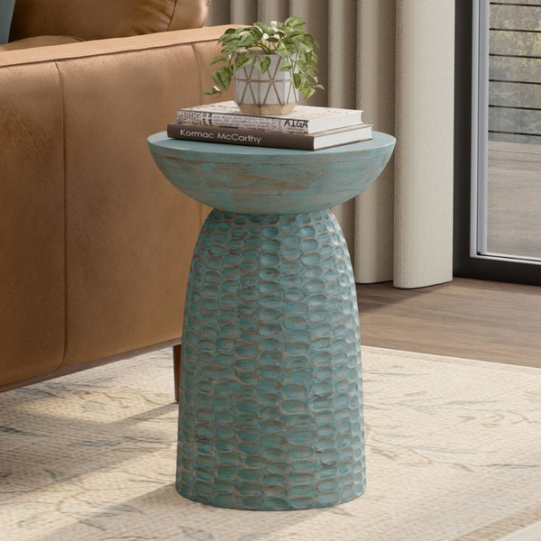 English Elm Boyd Hand-carved Solid Mango Wood Accent Table with White Finish for Modern Living Teal B136P414665