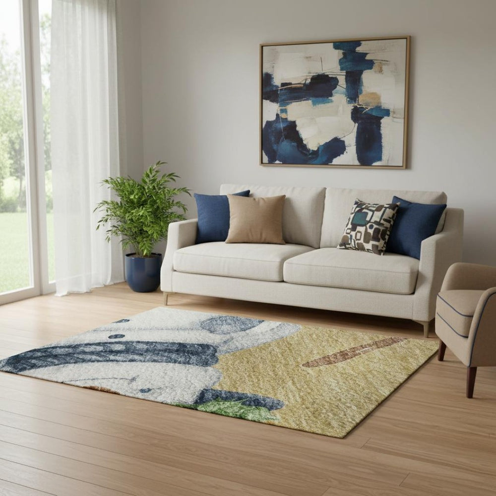 HomeRoots 5' Geometric Washable Area Rug in Gold, Blue & Green – Durable, UV-Protected & Stain-Resistant Design 702403