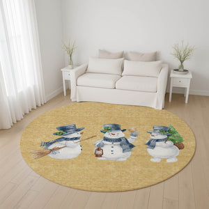 HomeRoots 8' Gold Blue Green Geometric Round Rug - Washable, UV-Protected, Durable for High-Traffic Spaces 702404