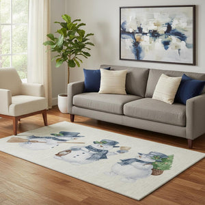 HomeRoots 5' Geometric Ivory, Blue & Green Washable Area Rug with UV Protection for Modern Home Decor 702409