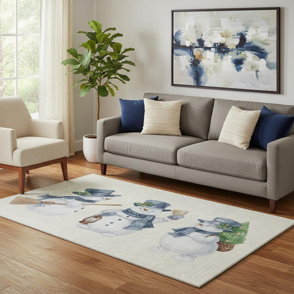HomeRoots 5' Geometric Ivory, Blue & Green Washable Area Rug with UV Protection for Modern Home Decor 702409