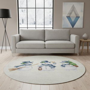 HomeRoots 8' Ivory Blue Green Geometric Washable Round Rug with UV Protection for Modern Homes & Families 702410