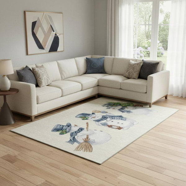 HomeRoots 8' X 10' Ivory Blue Green Geometric Washable Area Rug – UV Protected, Soft, Durable, Ideal for Families 702411