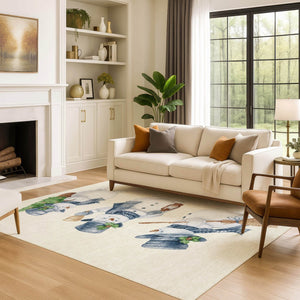 HomeRoots 8' X 10' Ivory Blue Green Geometric Washable Area Rug – UV Protected, Soft, Durable, Ideal for Families 702411