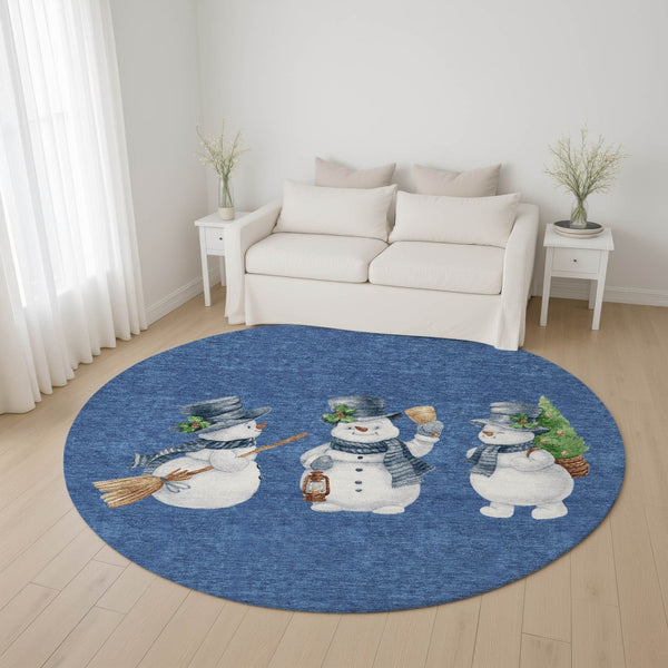 HomeRoots 8' Modern Geometric Washable Round Rug in Navy Blue, Green & Ivory - UV Protected & Stain Resistant 702416