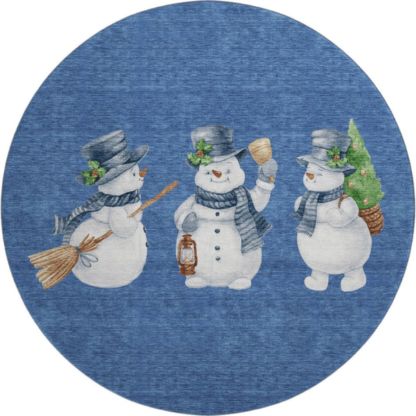 HomeRoots 8' Modern Geometric Washable Round Rug in Navy Blue, Green & Ivory - UV Protected & Stain Resistant 702416