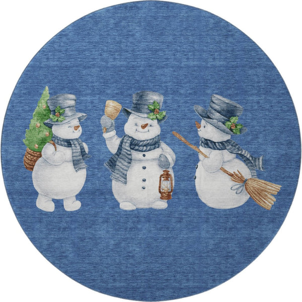 HomeRoots 8' Modern Geometric Washable Round Rug in Navy Blue, Green & Ivory - UV Protected & Stain Resistant 702416
