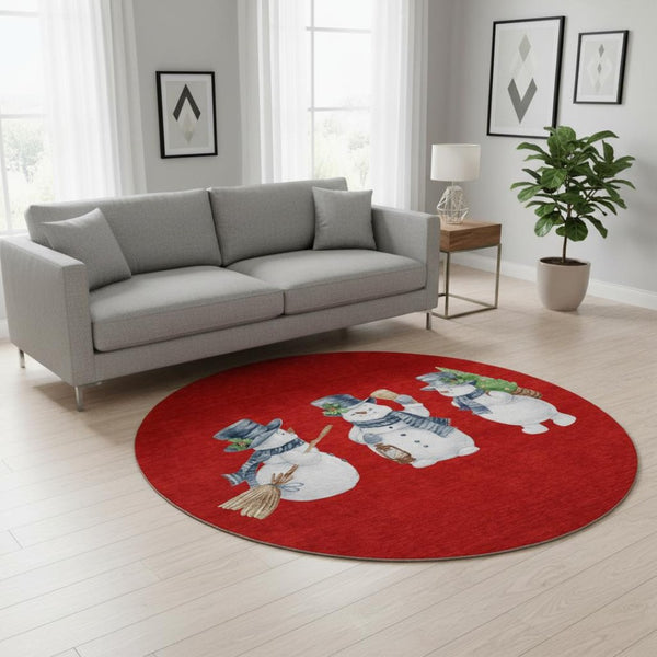 HomeRoots 8' Durable Red, Blue & Ivory Geometric Round Rug - Washable, UV-Protected, Ideal for Busy Homes! 702422