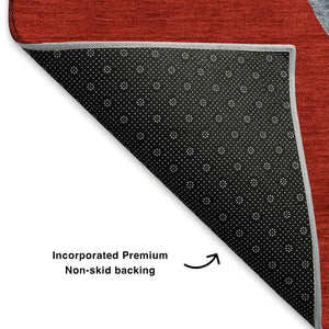 HomeRoots 8' Durable Red, Blue & Ivory Geometric Round Rug - Washable, UV-Protected, Ideal for Busy Homes! 702422