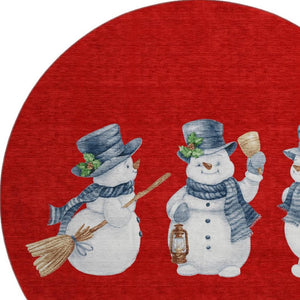 HomeRoots 8' Durable Red, Blue & Ivory Geometric Round Rug - Washable, UV-Protected, Ideal for Busy Homes! 702422