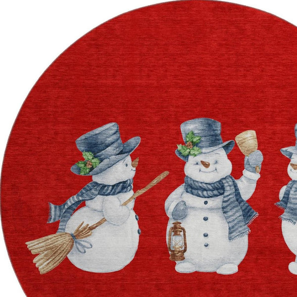 HomeRoots 8' Durable Red, Blue & Ivory Geometric Round Rug - Washable, UV-Protected, Ideal for Busy Homes! 702422