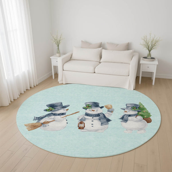 HomeRoots 8' Sky Blue Green and Ivory Geometric Washable Round Rug with UV Protection for Busy Homes & Style 702428