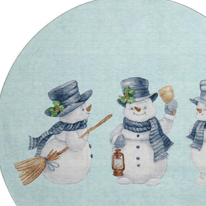 HomeRoots 8' Sky Blue Green and Ivory Geometric Washable Round Rug with UV Protection for Busy Homes & Style 702428