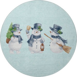 HomeRoots 8' Sky Blue Green and Ivory Geometric Washable Round Rug with UV Protection for Busy Homes & Style 702428