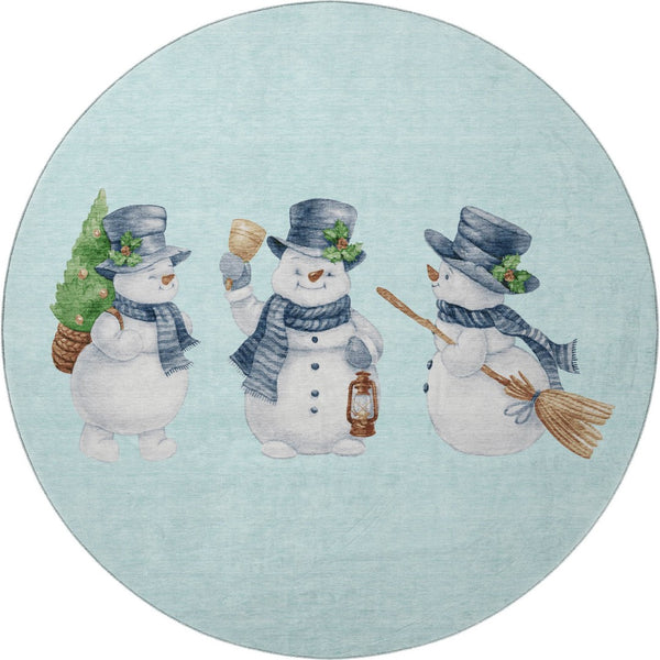 HomeRoots 8' Sky Blue Green and Ivory Geometric Washable Round Rug with UV Protection for Busy Homes & Style 702428
